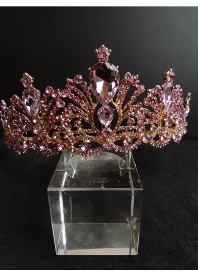 Красива кристална корона за официални събития в розово и златно - Pink Queen